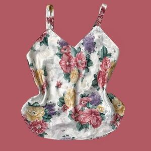 Vintage Cami Floral Print Satin Sleeveless Top Blouse S Small M Medium